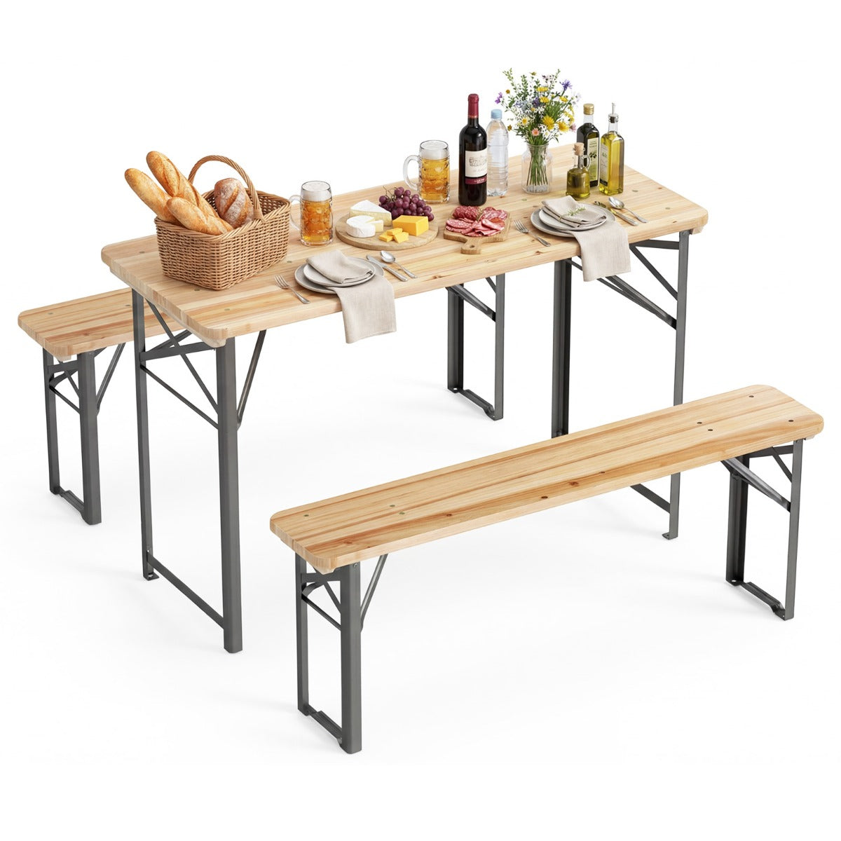 LIVSK 3-Delige Biertent-Set - Duurzaam Dennenhout - Inklapbaar - Voor 4 Personen - Stabiel Metalen Frame - Naturel