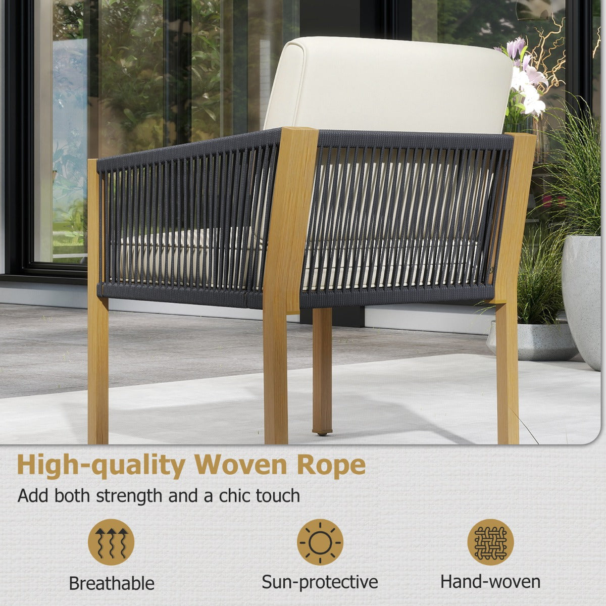 LIVSK 3-Delige Bistroset - Gevlochten Touw - Robuust Metalen Frame - Comfortabele Kussens - Ideaal voor Compacte Ruimtes - Beige