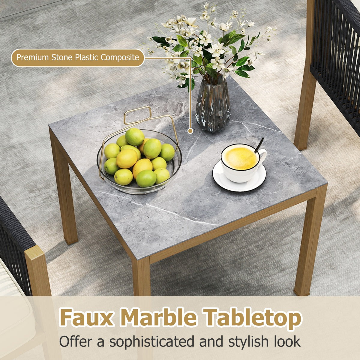 LIVSK 3-Delige Bistroset - Gevlochten Touw - Robuust Metalen Frame - Comfortabele Kussens - Ideaal voor Compacte Ruimtes - Beige