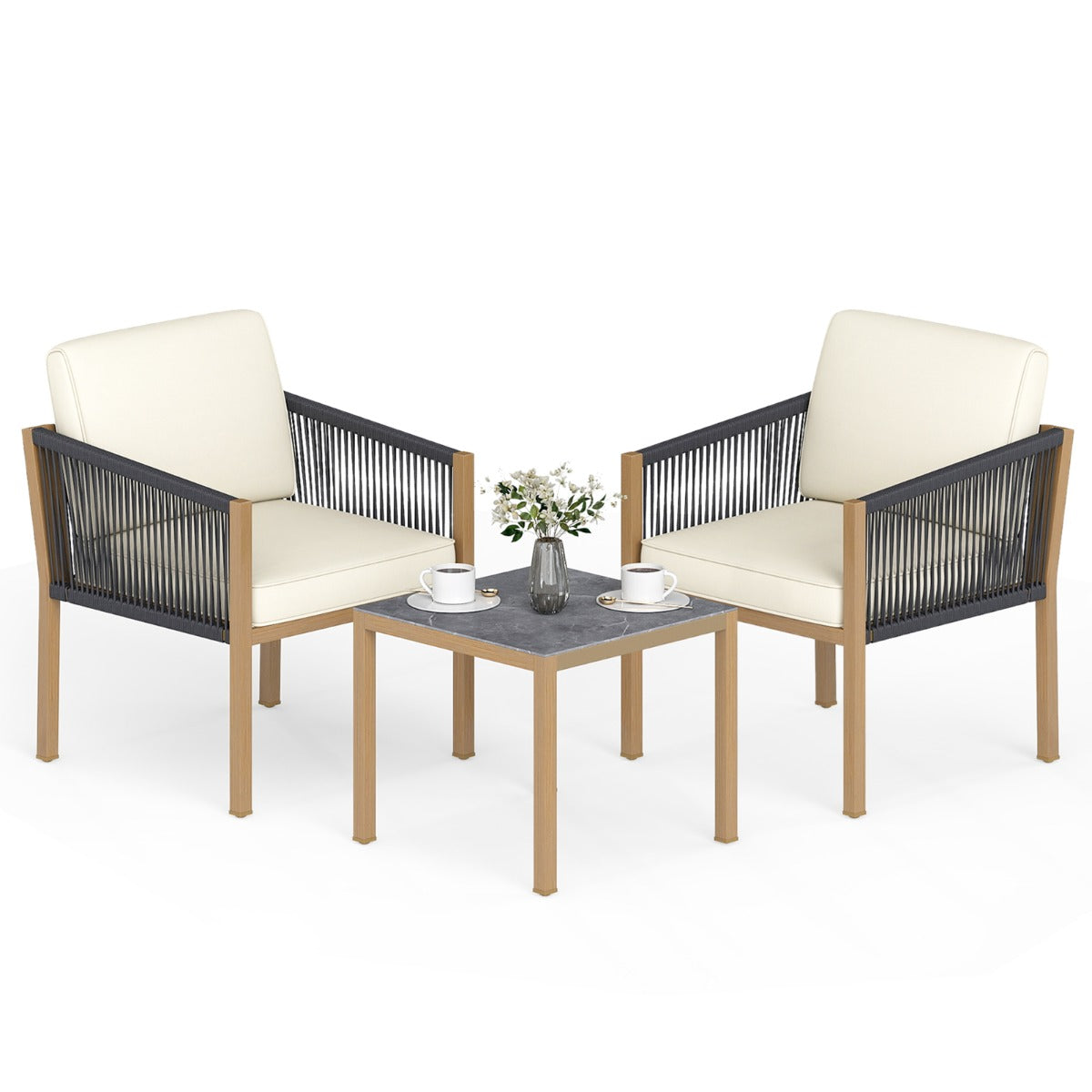 LIVSK 3-Delige Bistroset voor Buiten - Gevlochten Touw - Verstelbare Voetjes - Robuust Metalen Frame - Beige Kussens