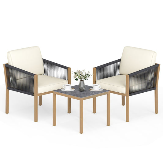 LIVSK 3-Delige Bistroset voor Buiten - Gevlochten Touw - Verstelbare Voetjes - Robuust Metalen Frame - Beige Kussens