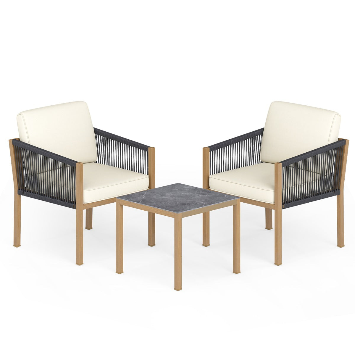 LIVSK 3-Delige Bistroset voor Buiten - Gevlochten Touw - Verstelbare Voetjes - Robuust Metalen Frame - Beige Kussens