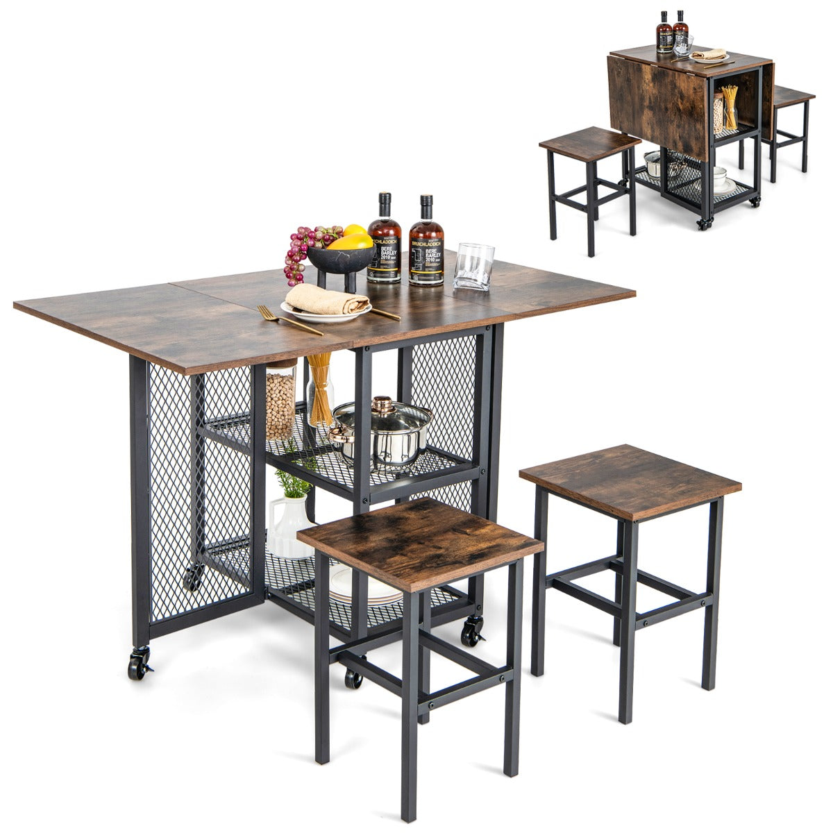 LIVSK 3-delige Eettafelset - Uittrekbare Tafel met Inklapbare Bladen - 2 Krukken - Stevig Metaal - Bruin + Zwart