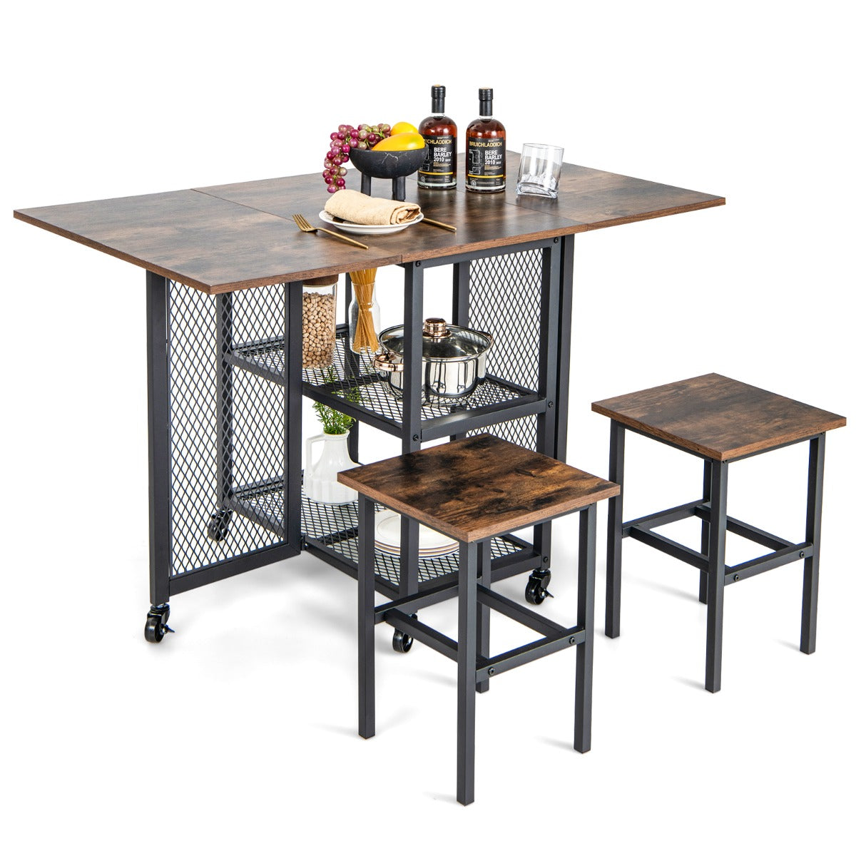 LIVSK 3-delige Eettafelset - Uittrekbare Tafel met Inklapbare Bladen - 2 Krukken - Stevig Metaal - Bruin + Zwart