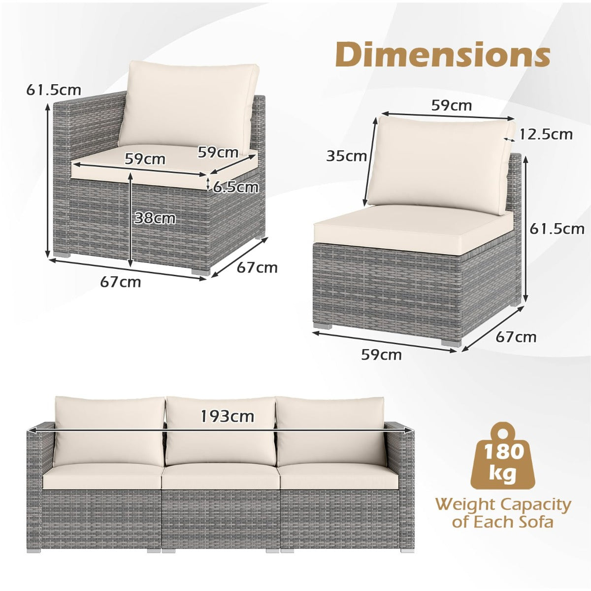 LIVSK 3-Delige Modulaire Tuinset - PE-Rotan - Comfortabele Kussens - Stevig Metaal - Draagvermogen 180 kg - Gemêleerd Grijs