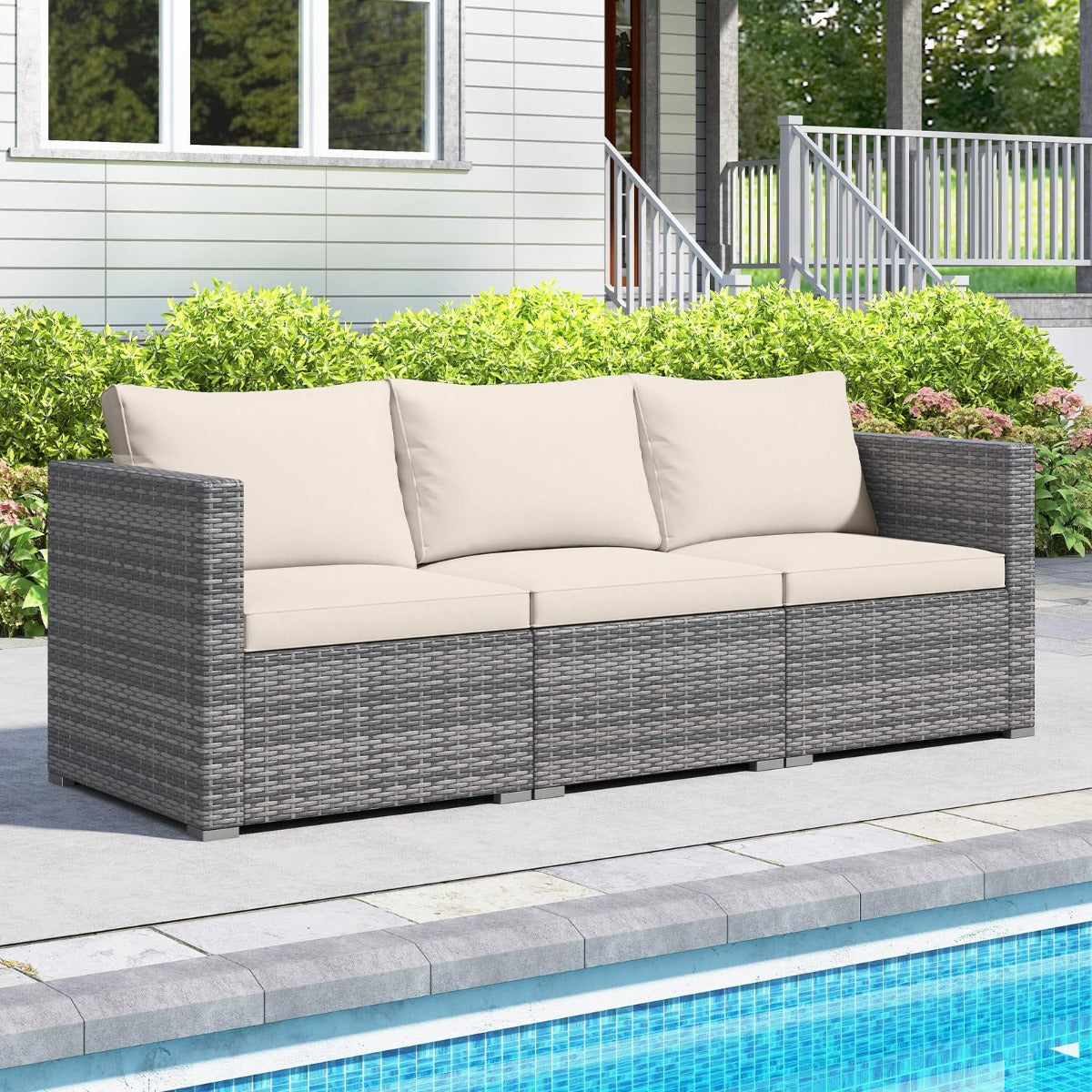 LIVSK 3-Delige Modulaire Tuinset - PE-Rotan - Comfortabele Kussens - Stevig Metaal - Draagvermogen 180 kg - Gemêleerd Grijs