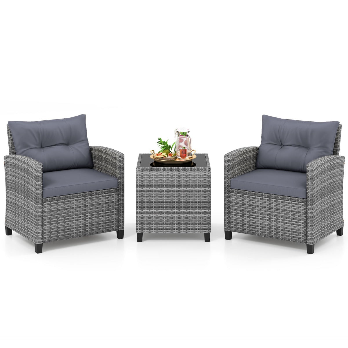 LIVSK 3-Delige Rotan Meubelset - Hoogwaardig PE-Rotan - Ergonomische Stoelen - Bijzettafel met Glazen Blad - Gemengd Grijs