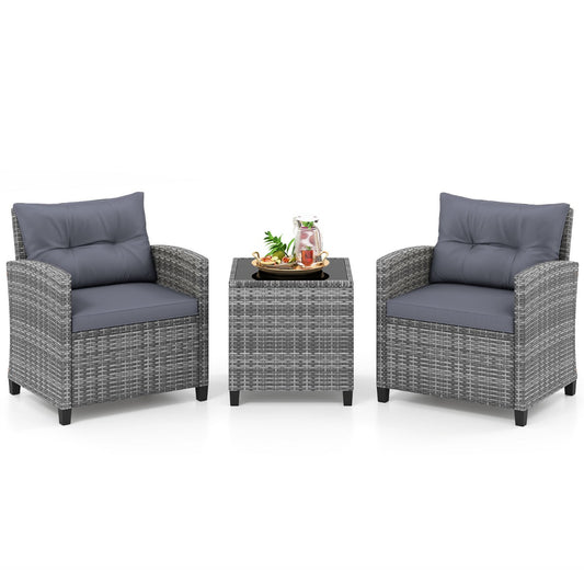 LIVSK 3-Delige Rotan Meubelset - Hoogwaardig PE-Rotan - Ergonomische Stoelen - Bijzettafel met Glazen Blad - Gemengd Grijs