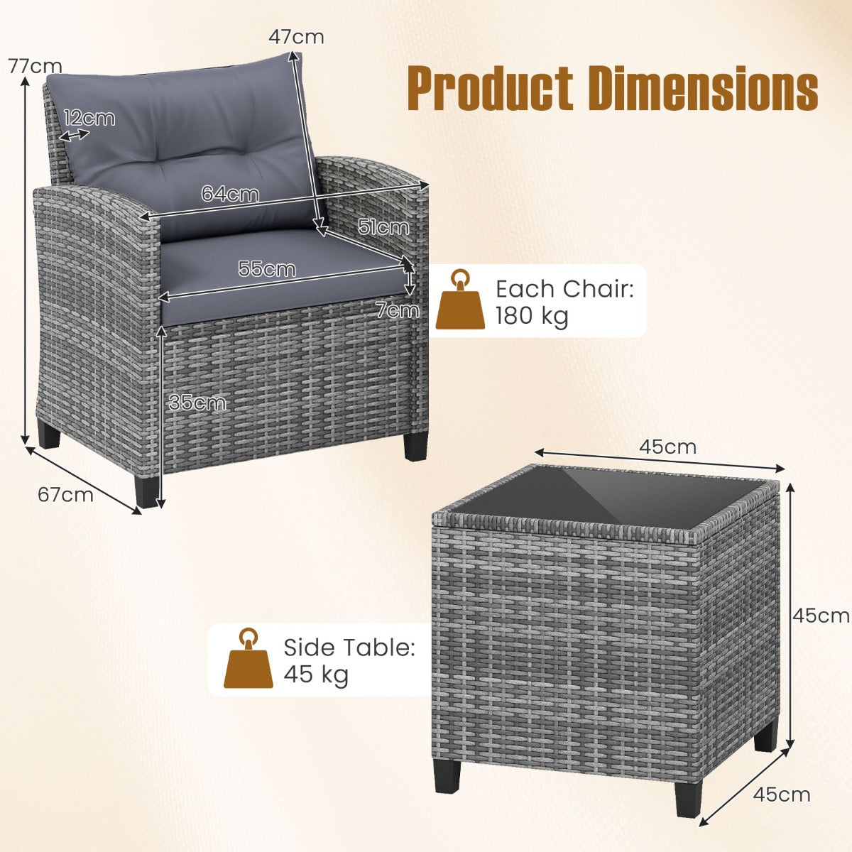 LIVSK 3-Delige Rotan Meubelset - Hoogwaardig PE-Rotan - Ergonomische Stoelen - Bijzettafel met Glazen Blad - Gemengd Grijs
