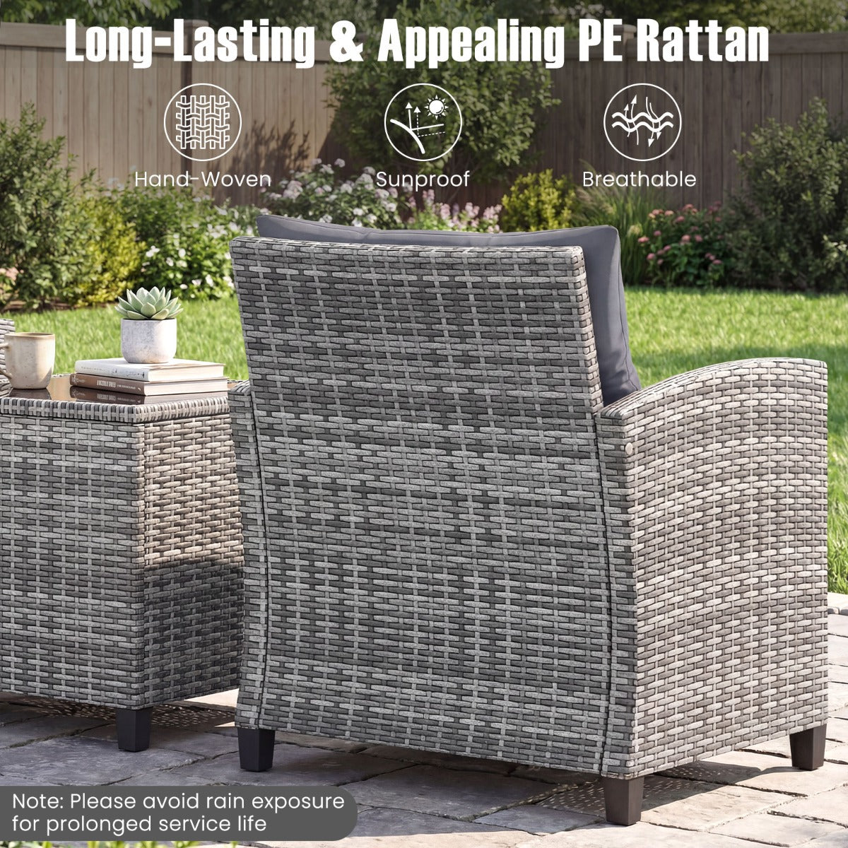 LIVSK 3-Delige Rotan Meubelset - Hoogwaardig PE-Rotan - Ergonomische Stoelen - Gehard Glazen Tafel - Gemengd Grijs
