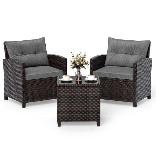 LIVSK 3-Delige Rotan Tuinset - Duurzaam PE-Rotan - 4 Comfortabele Kussens - Tafel met Gehard Glas - Bruin/Zwart