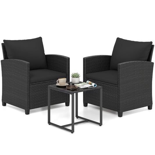 LIVSK 3-Delige Tuinmeubelset - Comfortabele Stoelen - Hoogwaardig PE-Rotan - Salontafel met Gehard Glas - Zwart