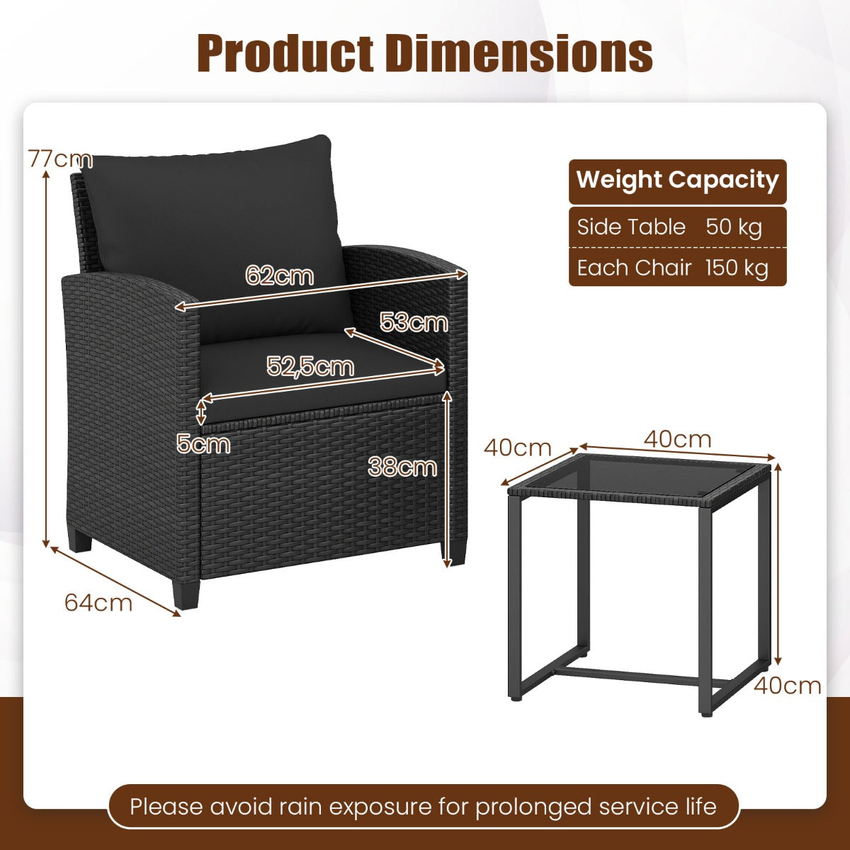 LIVSK 3-Delige Tuinmeubelset - Comfortabele Stoelen - Hoogwaardig PE-Rotan - Salontafel met Gehard Glas - Zwart
