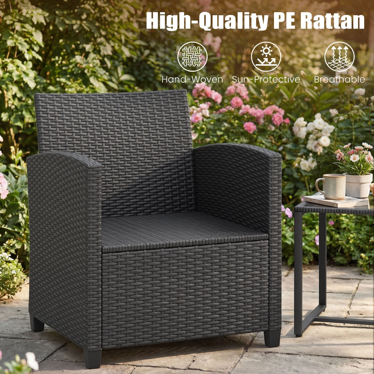 LIVSK 3-Delige Tuinmeubelset - Comfortabele Stoelen - Hoogwaardig PE-Rotan - Salontafel met Gehard Glas - Zwart