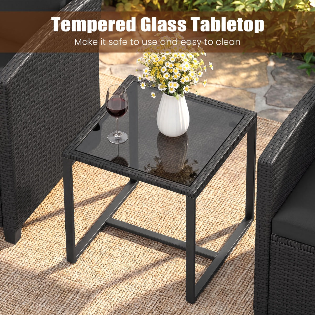 LIVSK 3-Delige Tuinmeubelset - Comfortabele Stoelen - Hoogwaardig PE-Rotan - Salontafel met Gehard Glas - Zwart