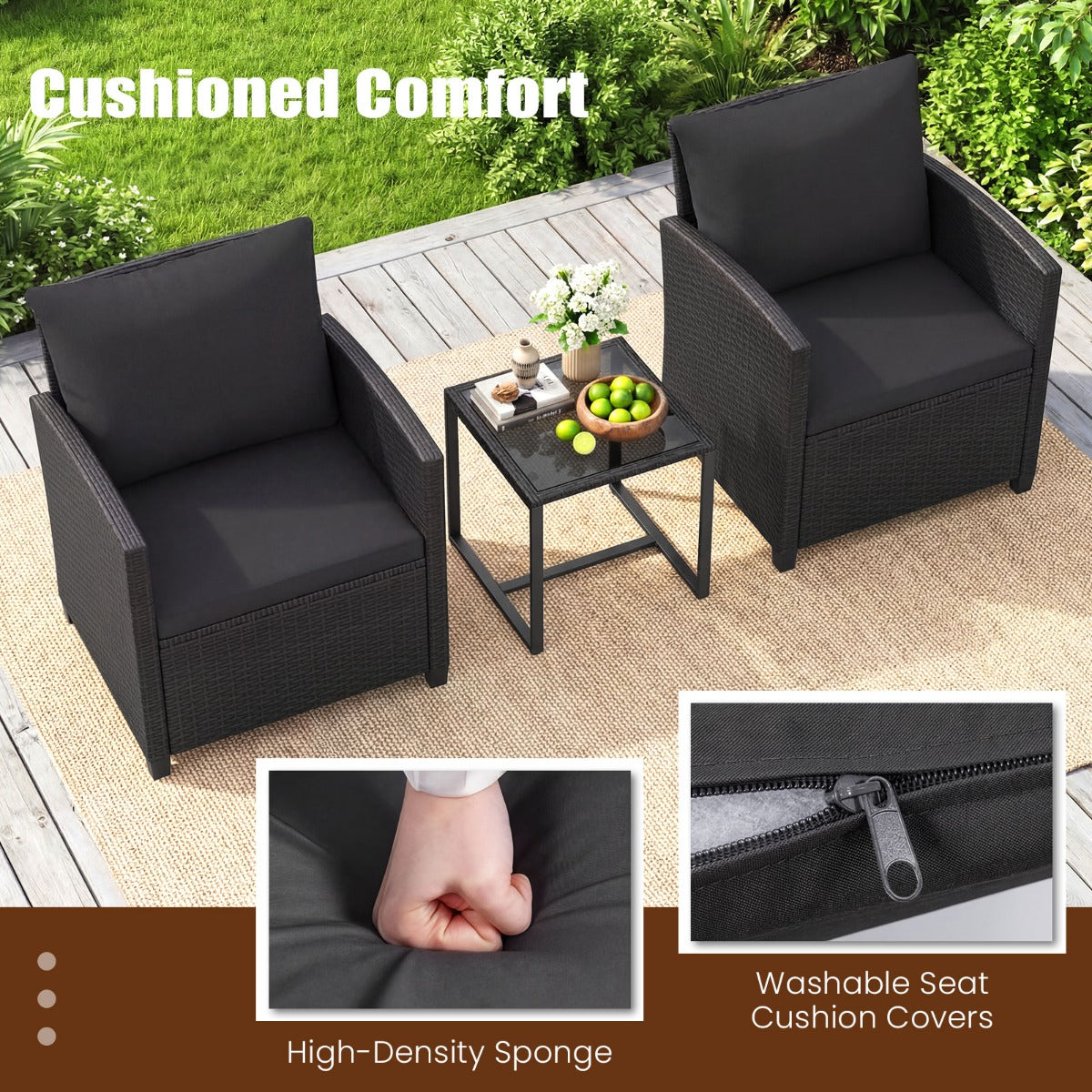 LIVSK 3-Delige Tuinmeubelset - Comfortabele Stoelen - Hoogwaardig PE-Rotan - Salontafel met Gehard Glas - Zwart