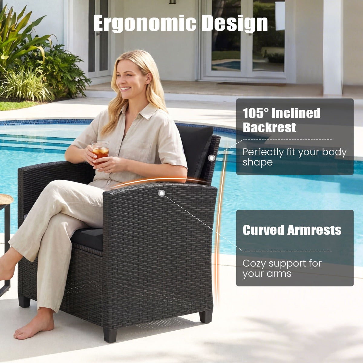 LIVSK 3-Delige Tuinmeubelset - Comfortabele Stoelen - Hoogwaardig PE-Rotan - Salontafel met Gehard Glas - Zwart