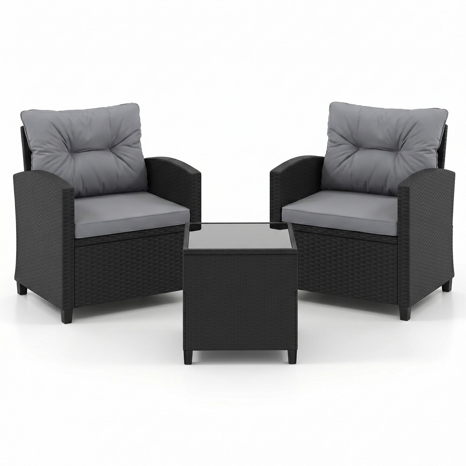 LIVSK 3-delige Tuinmeubelset - Duurzaam Rattan - Ergonomische Stoelen - Glazen Bijzettafel - Voor Balkon en Tuin - Zwart