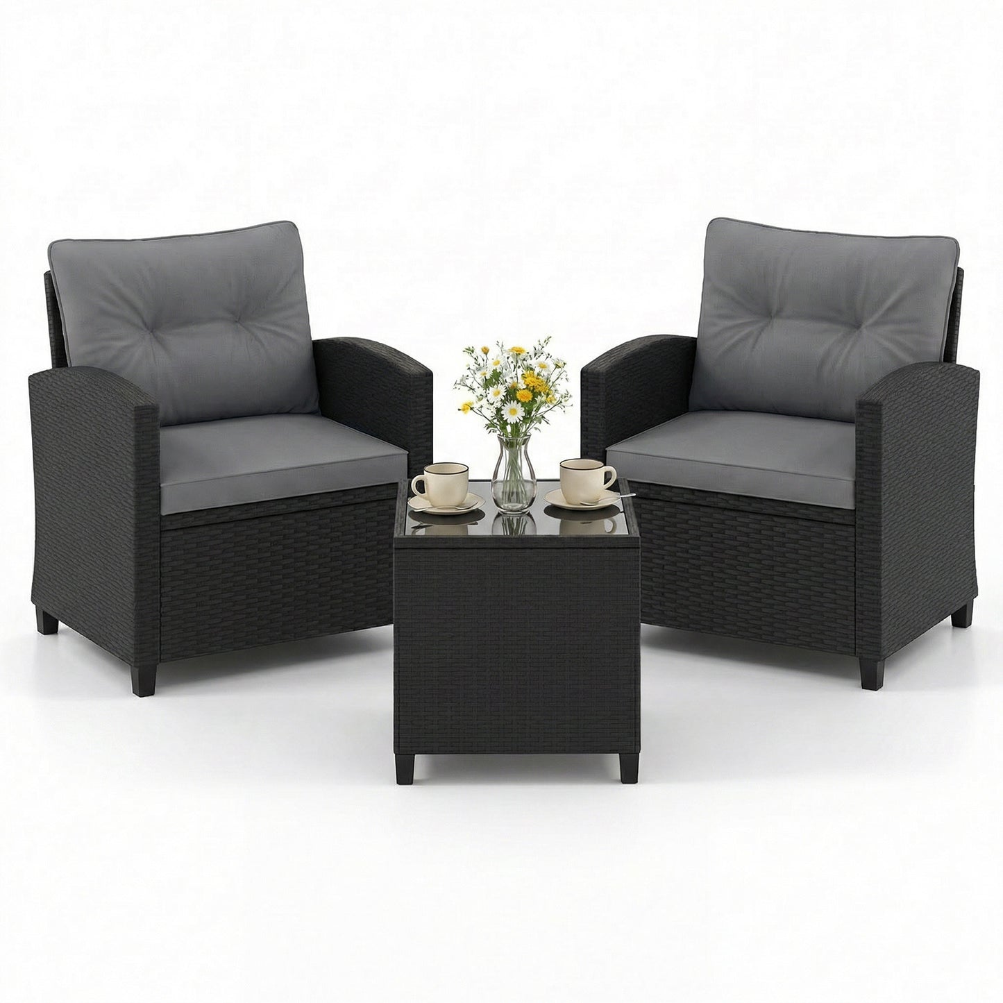 LIVSK 3-delige Tuinmeubelset - Duurzaam Rattan - Ergonomische Stoelen - Glazen Bijzettafel - Voor Balkon en Tuin - Zwart
