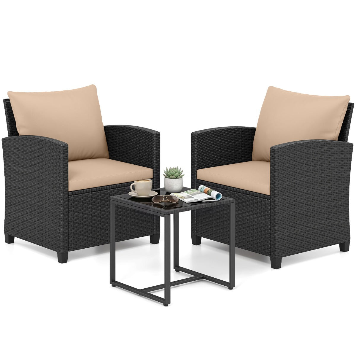 LIVSK 3-Delige Tuinmeubelset - Hoogwaardig PE-Rotan - Comfortabele Stoelen - Krasbestendig Glazen Tafel - Zwart