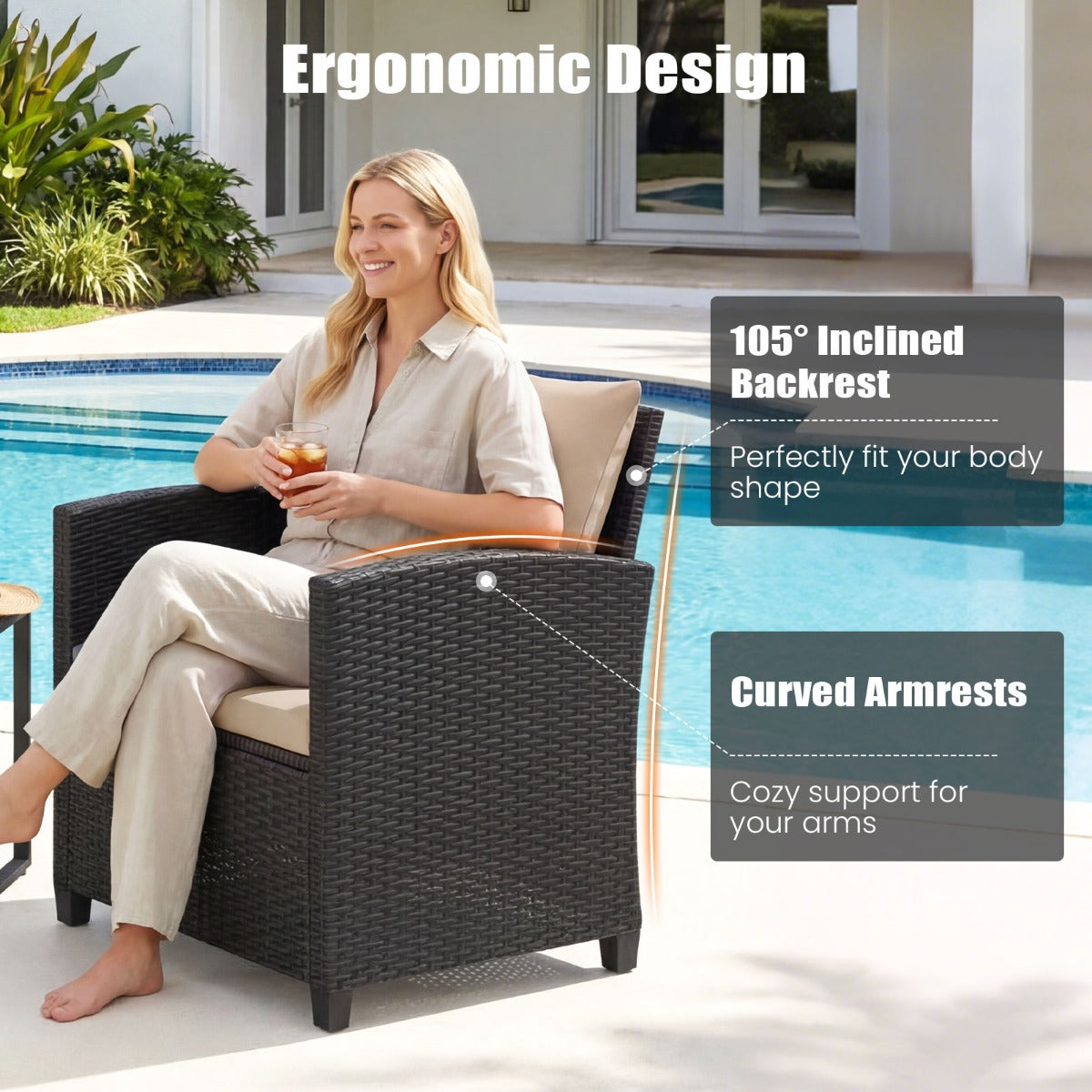 LIVSK 3-Delige Tuinmeubelset - Hoogwaardig PE-Rotan - Comfortabele Stoelen - Krasbestendig Glazen Tafel - Zwart