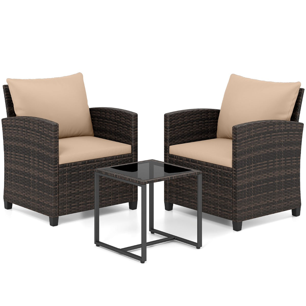 LIVSK 3-Delige Tuinmeubelset - PE-Rotan en Metaal - Comfortabele Stoelen - Krasbestendig Glas - Bruin