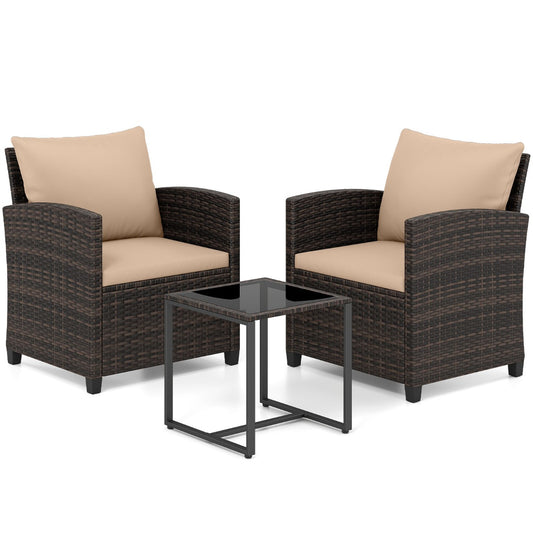 LIVSK 3-Delige Tuinmeubelset - PE-Rotan en Metaal - Comfortabele Stoelen - Krasbestendig Glas - Bruin