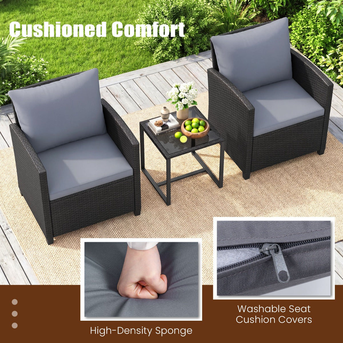 LIVSK 3-Delige Tuinmeubelset - PE-Rotan en Metaal - Comfortabele Stoelen - Verstelbare Tafel - Zwart