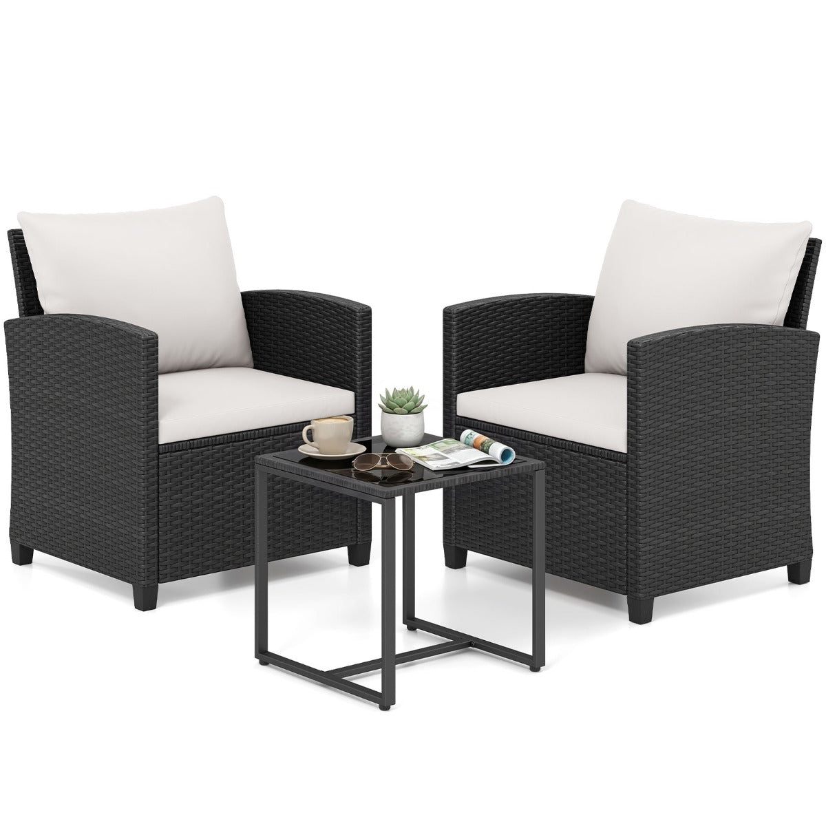 LIVSK 3-Delige Tuinmeubelset - Weerbestendig PE-Rotan - Comfortabele Stoelen - Elegante Salontafel - Zwart
