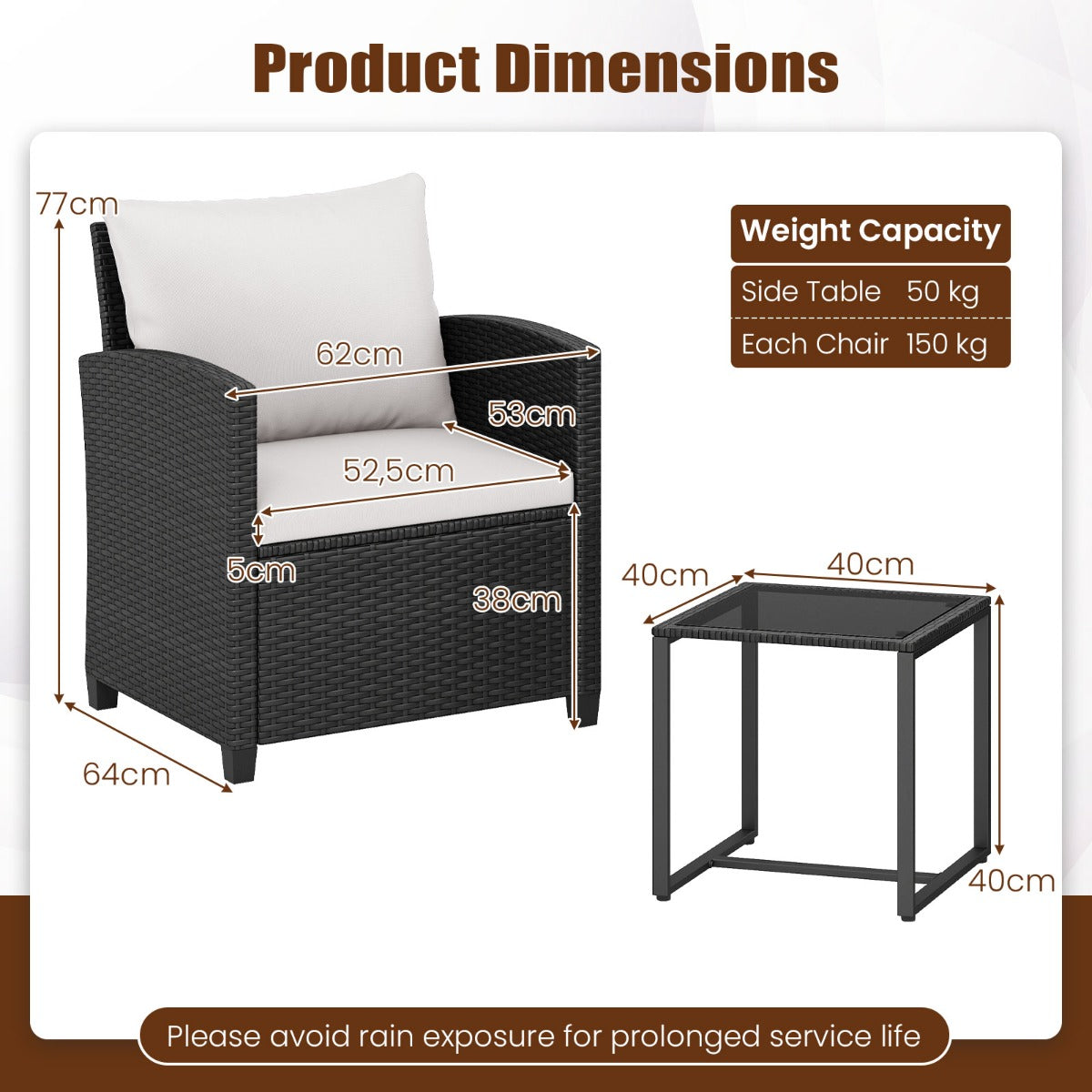 LIVSK 3-Delige Tuinmeubelset - Weerbestendig PE-Rotan - Comfortabele Stoelen - Elegante Salontafel - Zwart