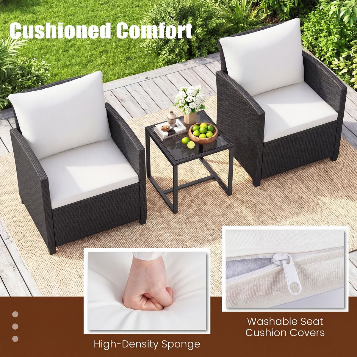 LIVSK 3-Delige Tuinmeubelset - Weerbestendig PE-Rotan - Comfortabele Stoelen - Elegante Salontafel - Zwart