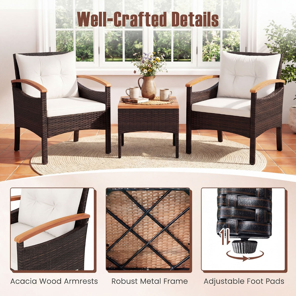 LIVSK 3-delige Tuinset - 2 Comfortabele Stoelen met Dikke Kussens - Duurzaam PE-Rotan - Elegant Design - Gemengd Bruin