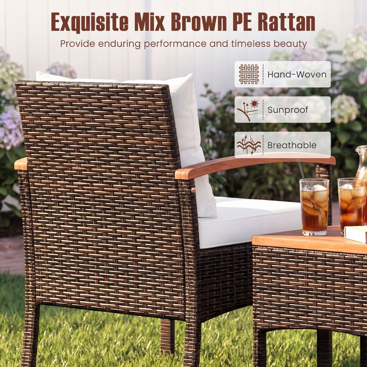 LIVSK 3-delige Tuinset - 2 Comfortabele Stoelen met Dikke Kussens - Duurzaam PE-Rotan - Elegant Design - Gemengd Bruin