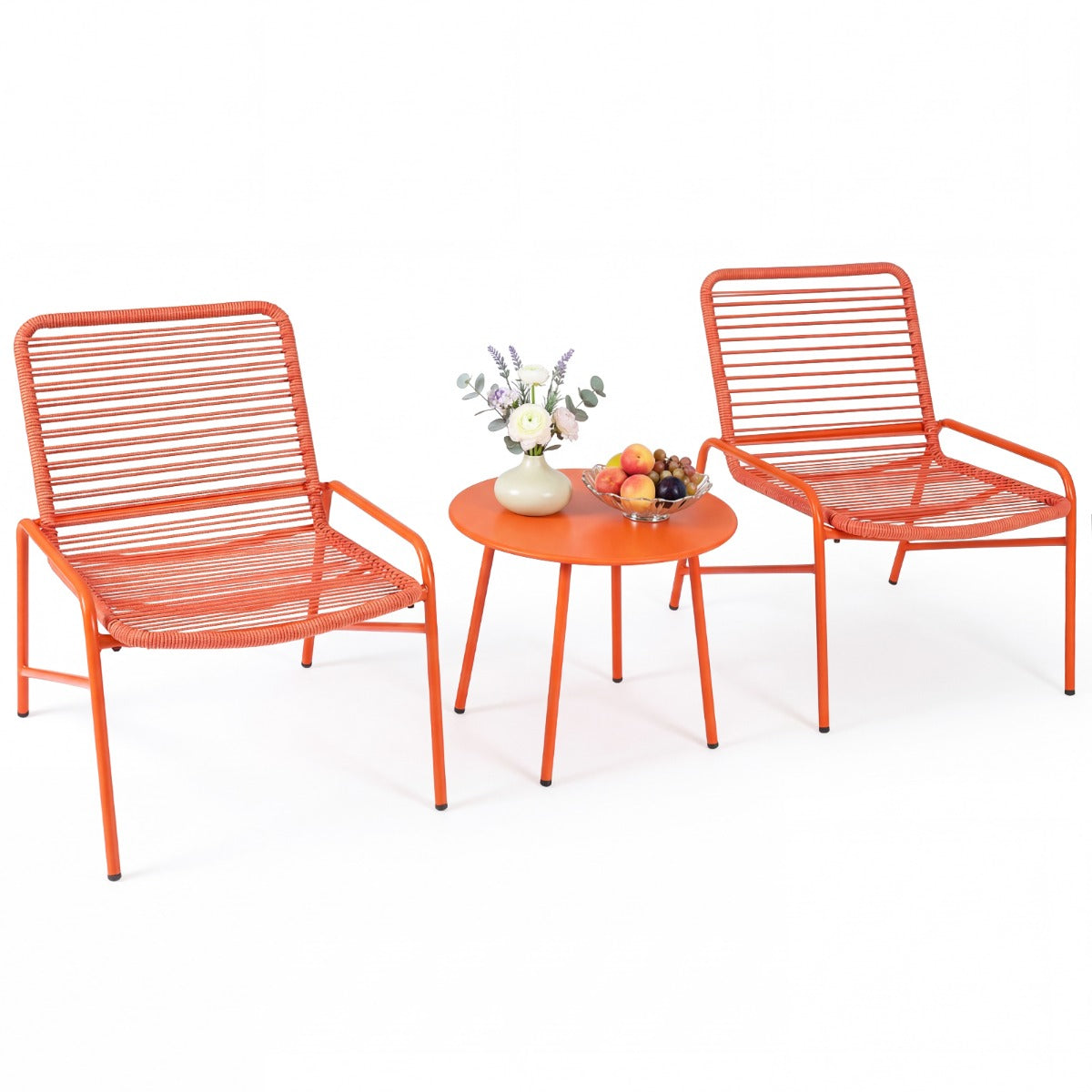LIVSK 3-Delige Tuinset - Ergonomisch Zitcomfort - Stabiele Metalen Frame - Praktische Bijzettafel - Oranje