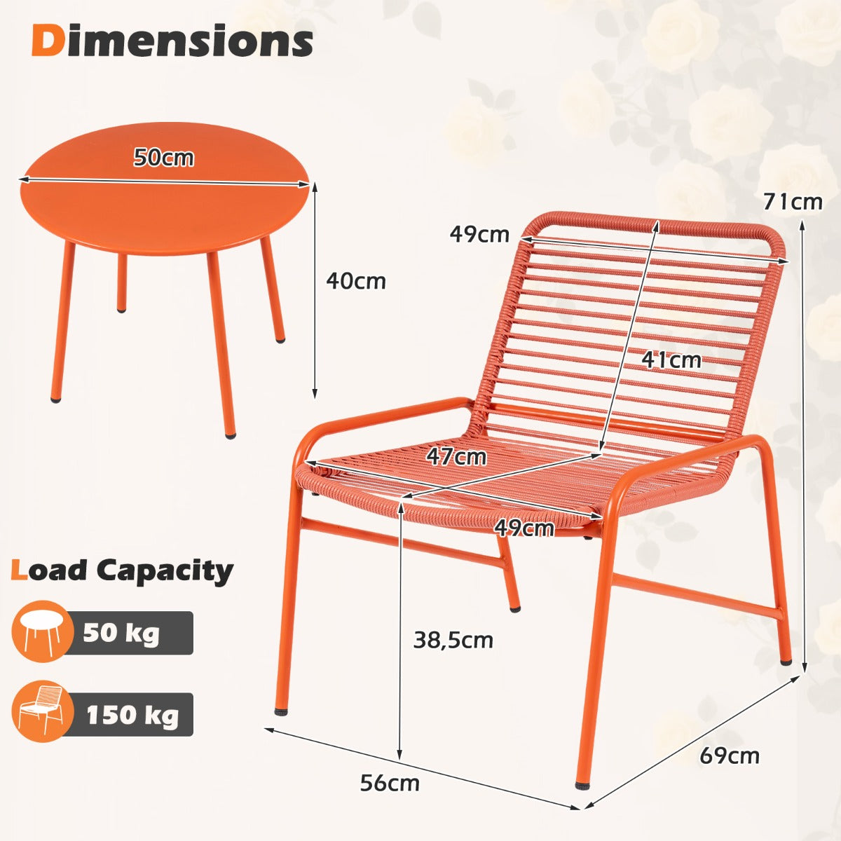 LIVSK 3-Delige Tuinset - Ergonomisch Zitcomfort - Stabiele Metalen Frame - Praktische Bijzettafel - Oranje