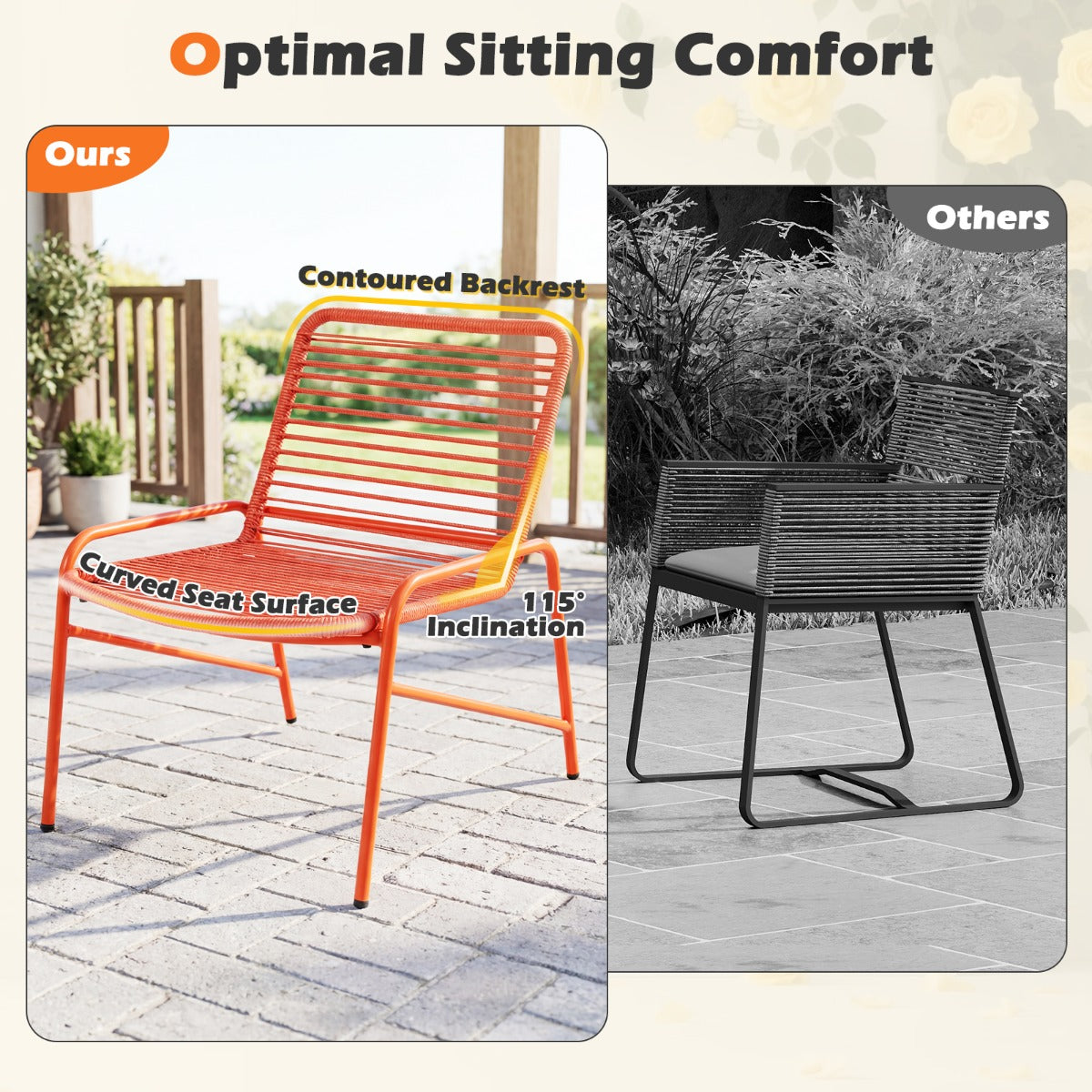 LIVSK 3-Delige Tuinset - Ergonomisch Zitcomfort - Stabiele Metalen Frame - Praktische Bijzettafel - Oranje