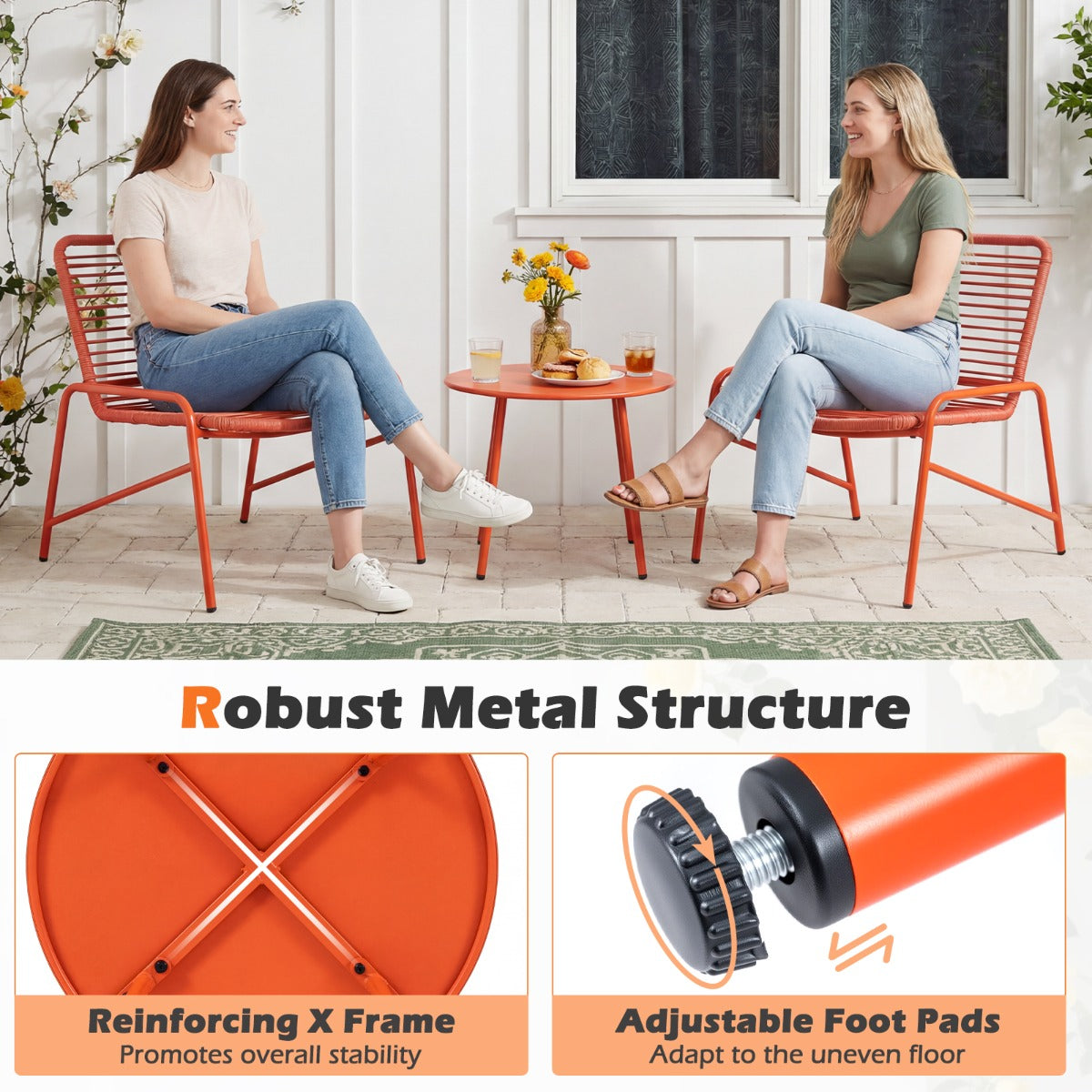 LIVSK 3-Delige Tuinset - Ergonomisch Zitcomfort - Stabiele Metalen Frame - Praktische Bijzettafel - Oranje