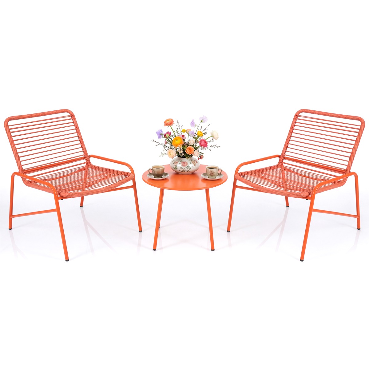 LIVSK 3-Delige Tuinset - Ergonomische Rotanstoelen - Stabiel Metaal - Bijzettafel - Voor 2 Personen - Oranje