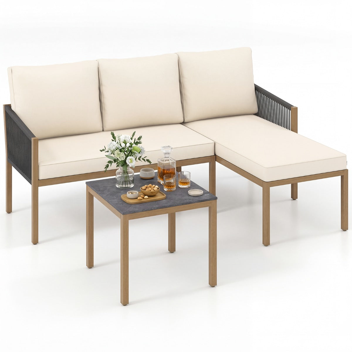 LIVSK 3-delige Tuinset - Handgeweven Touw - Luxe Comfortkussens - Stijlvolle Salontafel - Ideaal voor Balkon - Beige