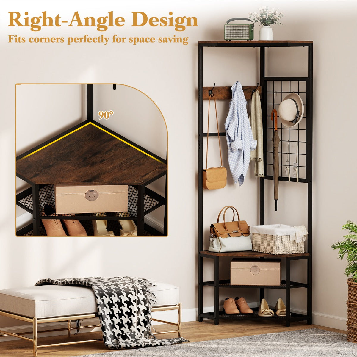 LIVSK 3-in-1 Hoekkapstok - Ruimtebesparend Ontwerp - Stevig Metalen Frame - Inclusief Anti-Kantelsysteem - Rustiek Bruin + Zwart