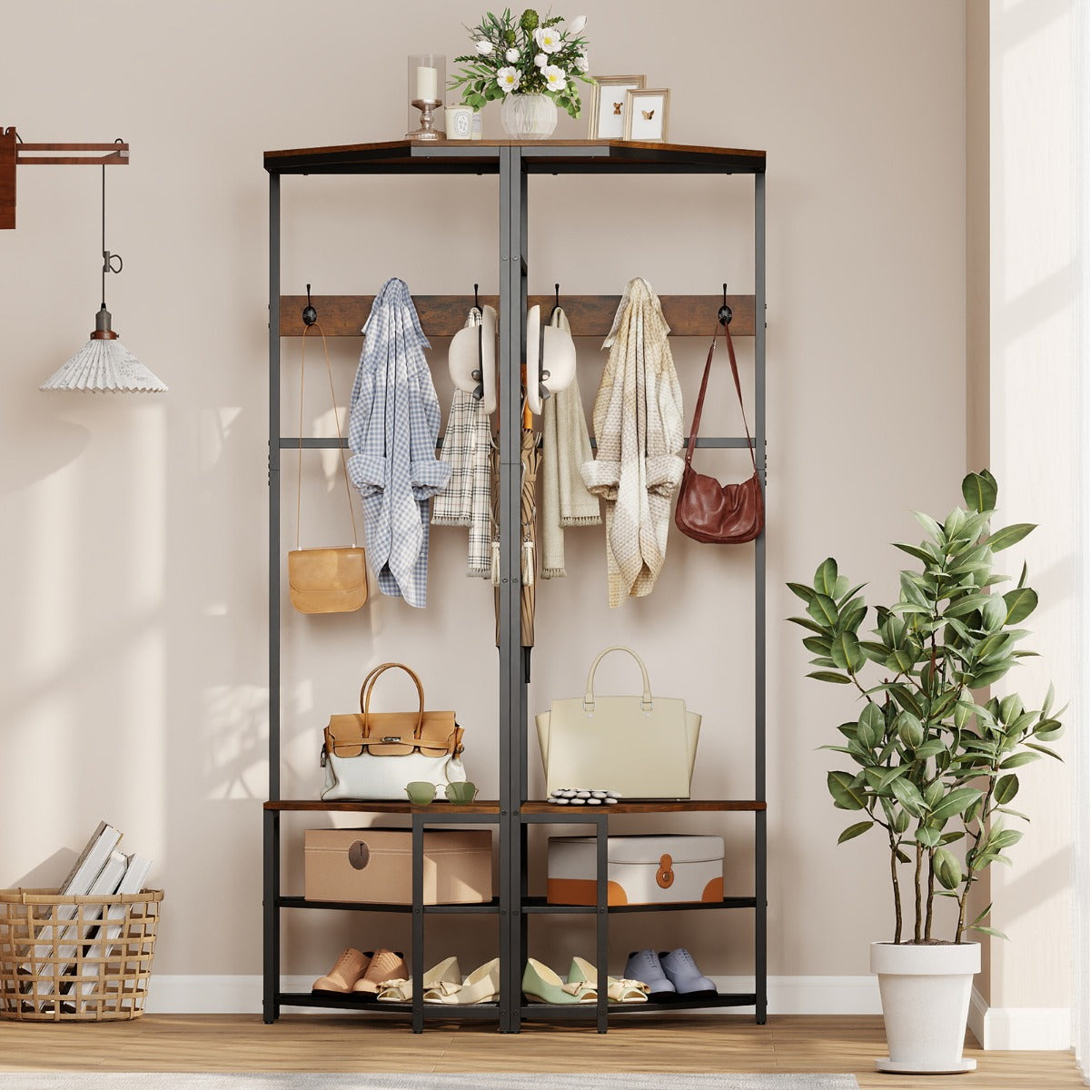 LIVSK 3-in-1 Hoekkapstok - Ruimtebesparend Ontwerp - Stevig Metalen Frame - Inclusief Anti-Kantelsysteem - Rustiek Bruin + Zwart