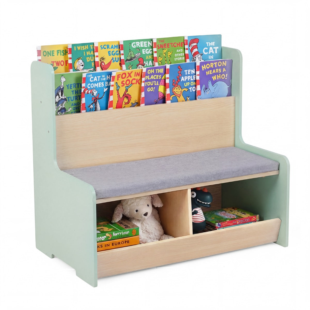 LIVSK 3-in-1 Kinderboekenkast - Boekenrek, Bankje & Opbergbak - Kindvriendelijk Ontwerp - Hoogwaardig MDF - Wit/Groen