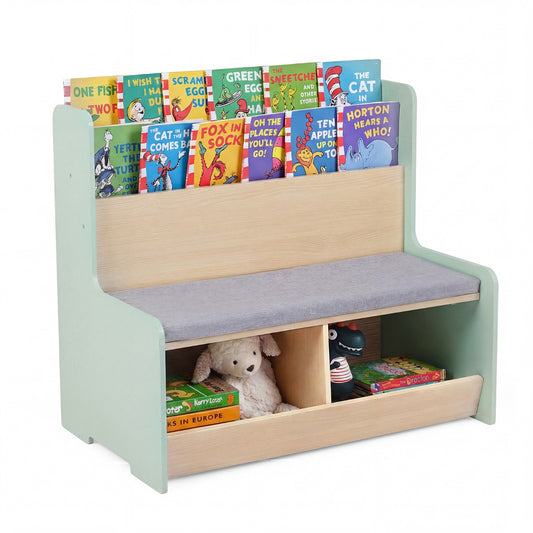 LIVSK 3-in-1 Kinderboekenkast - Boekenrek, Bankje & Opbergbak - Kindvriendelijk Ontwerp - Hoogwaardig MDF - Wit/Groen