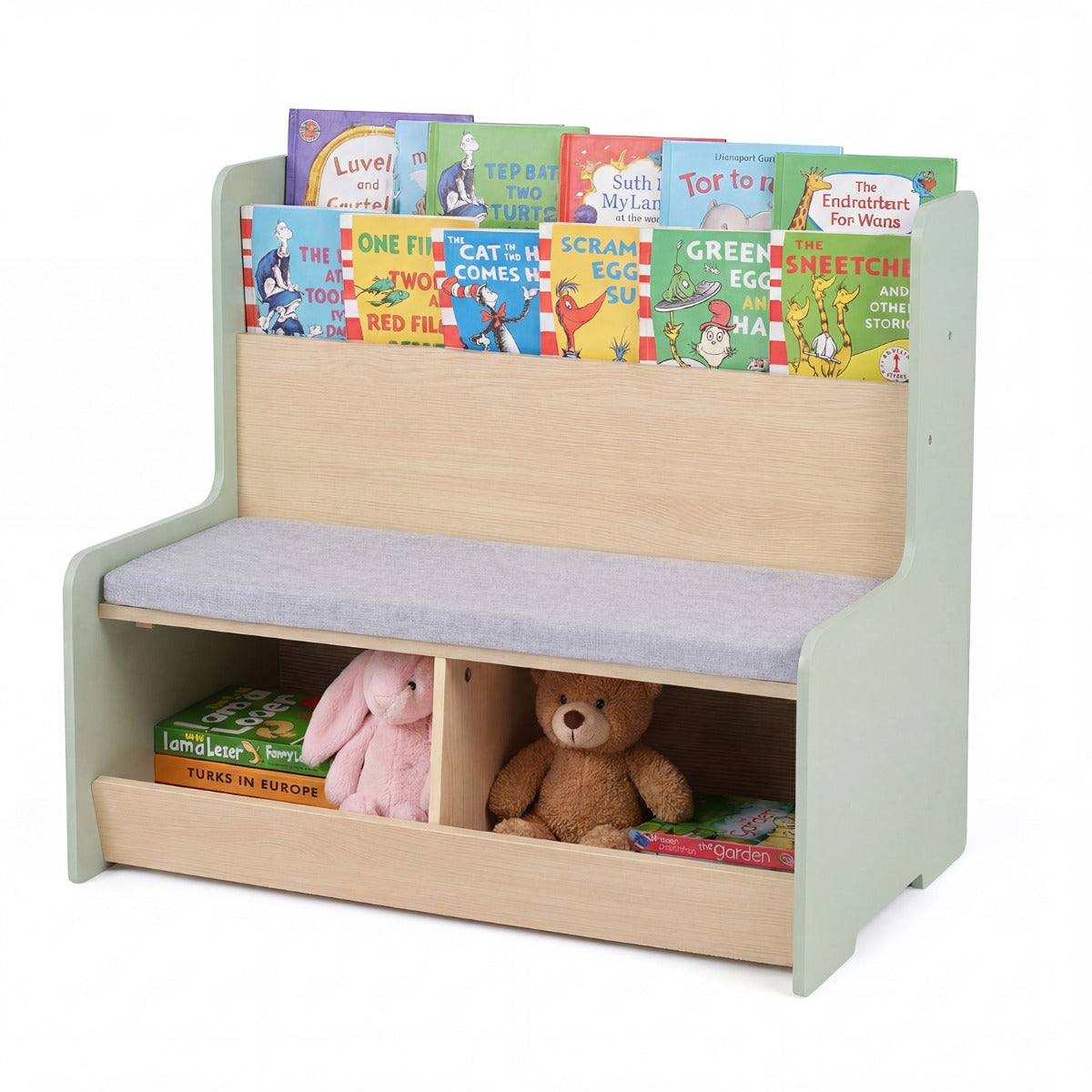 LIVSK 3-in-1 Kinderboekenkast - Boekenrek, Bankje & Opbergbak - Kindvriendelijk Ontwerp - Hoogwaardig MDF - Wit/Groen