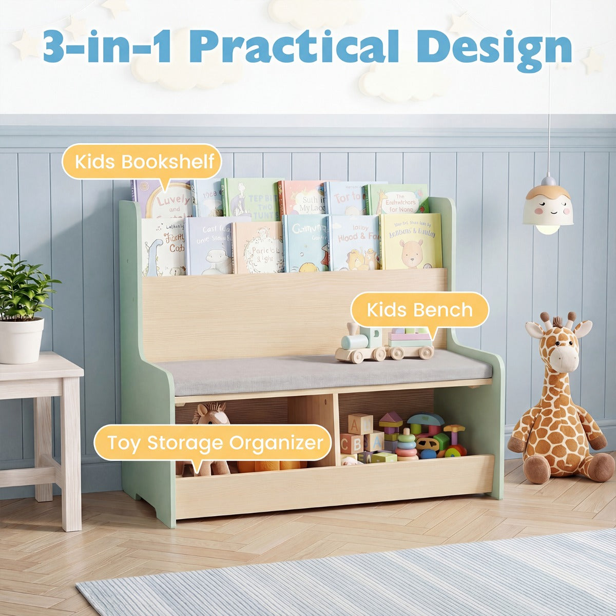 LIVSK 3-in-1 Kinderboekenkast - Boekenrek, Bankje & Opbergbak - Kindvriendelijk Ontwerp - Hoogwaardig MDF - Wit/Groen