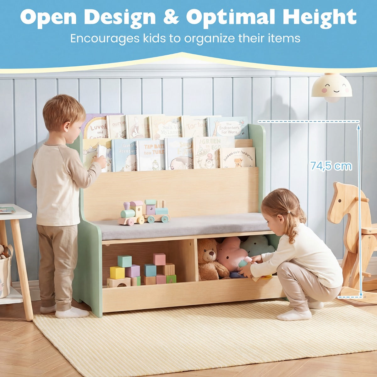 LIVSK 3-in-1 Kinderboekenkast - Boekenrek, Bankje & Opbergbak - Kindvriendelijk Ontwerp - Hoogwaardig MDF - Wit/Groen