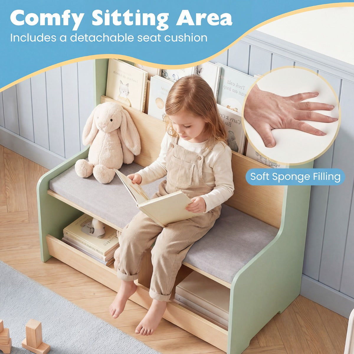 LIVSK 3-in-1 Kinderboekenkast - Boekenrek, Bankje & Opbergbak - Kindvriendelijk Ontwerp - Hoogwaardig MDF - Wit/Groen