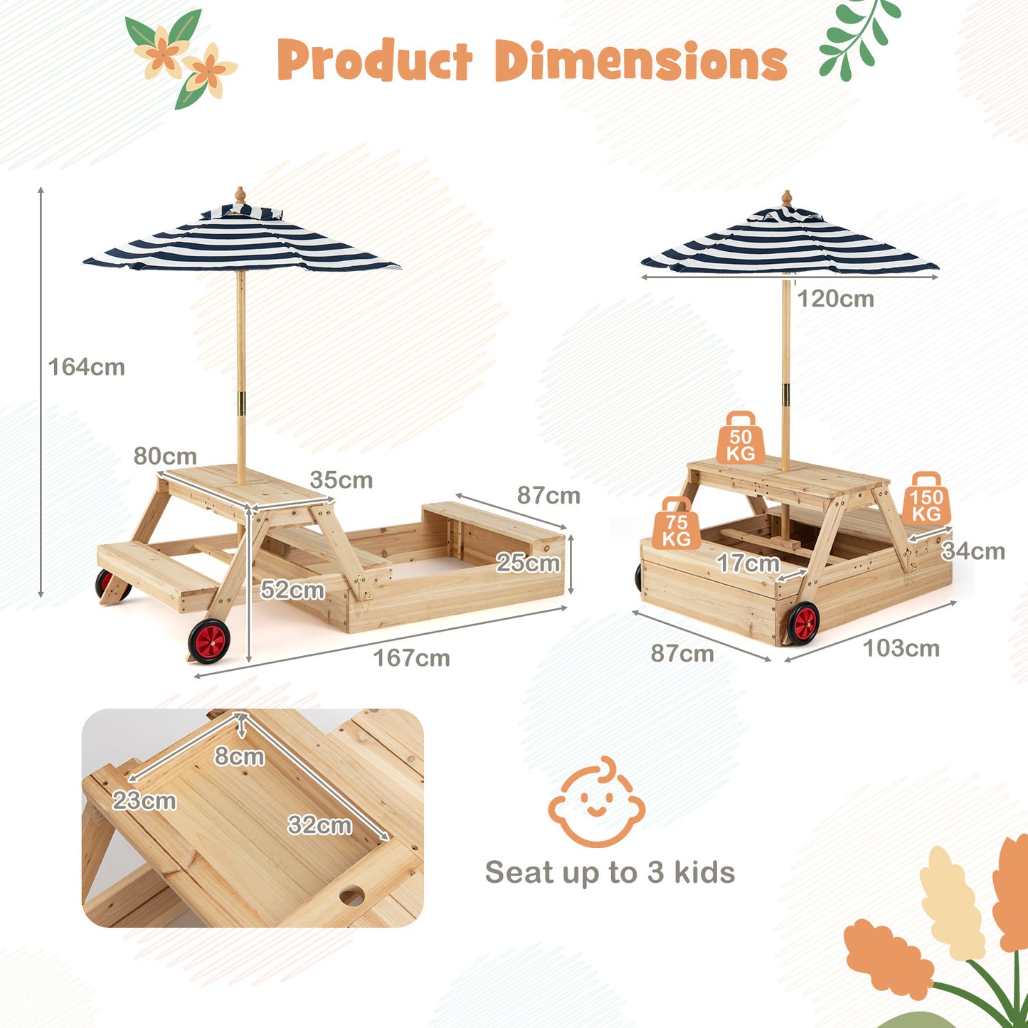LIVSK 3-in-1 Kinderspeelset - Zandbak, Picknicktafel & Verstelbare Parasol - Ruimtebesparend Ontwerp - Natuurlijk, Blauw, Wit