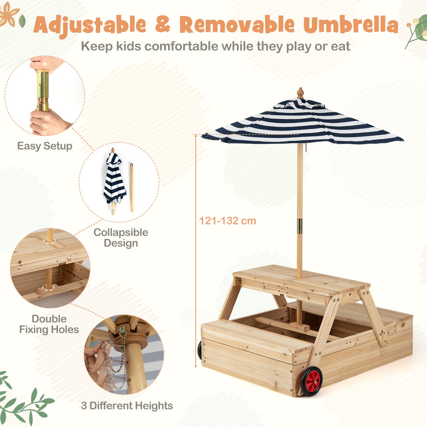 LIVSK 3-in-1 Kinderspeelset - Zandbak, Picknicktafel & Verstelbare Parasol - Ruimtebesparend Ontwerp - Natuurlijk, Blauw, Wit