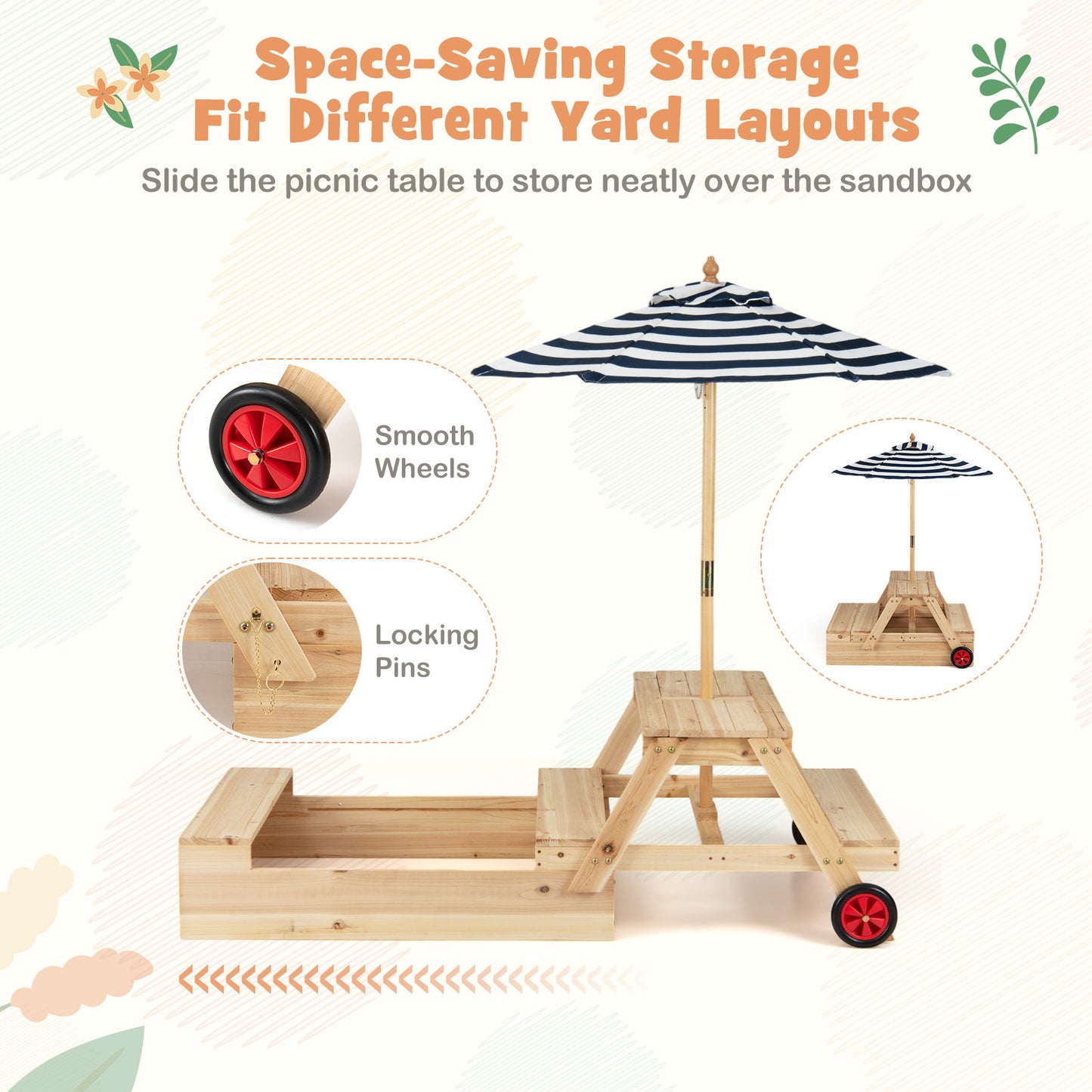 LIVSK 3-in-1 Kinderspeelset - Zandbak, Picknicktafel & Verstelbare Parasol - Ruimtebesparend Ontwerp - Natuurlijk, Blauw, Wit